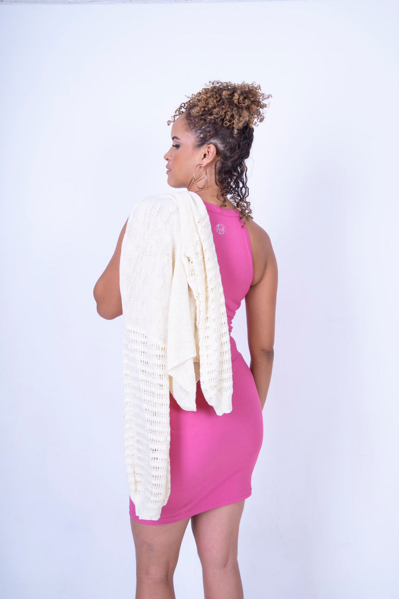 High Neck Ribbed Dress - Pink