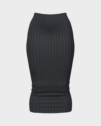 Womens Mid Waist Midi Ribbed Skirt - Black