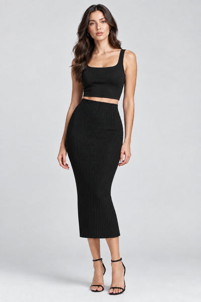 Ribbed Midi Skirt - Black